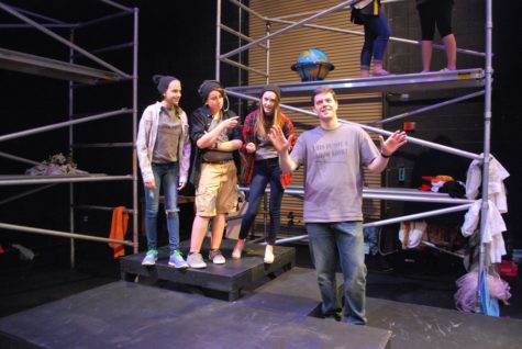Eli (second from the left) acts in the 2015 freshman and sophmore play “30 Reasons Not To Be in a Play” with castmates Samantha Kolber, Darby Barnett, and Mr. Killinger.