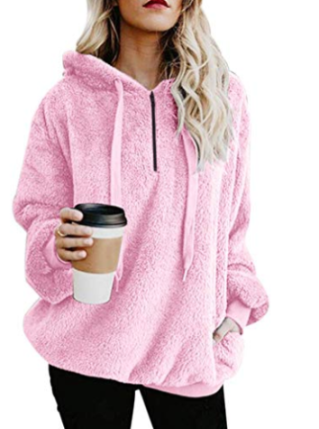 A screenshot of a pink sherpa fleece hoodie