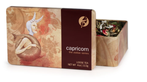 A tin of loose leaf tea titled "Capricorn"