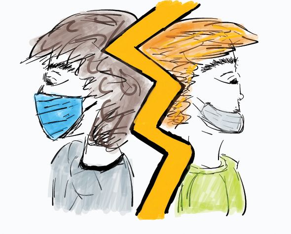 This illustration shows two students back to back, one with a mask worn properly, and the other with a mask below their nose and mouth.