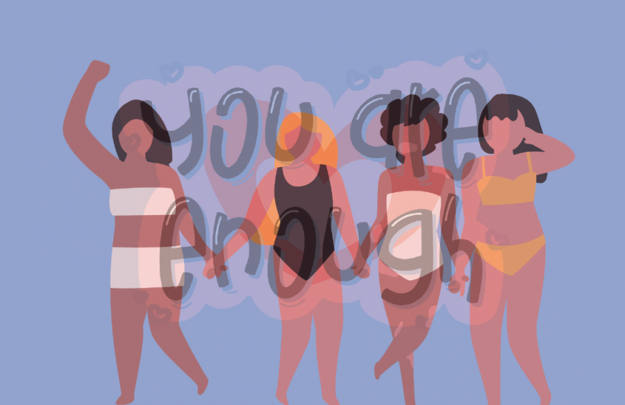 This is an illustration of four women with different body types. The text over the top of the illustration says you are enough.