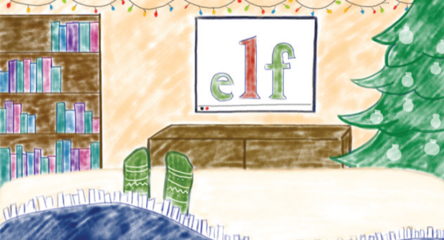 This is an illustration of someone laying on a couch and watching Elf.