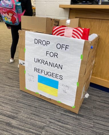 Donation box set up by Slavic Student Association to help Ukrainian refugees.