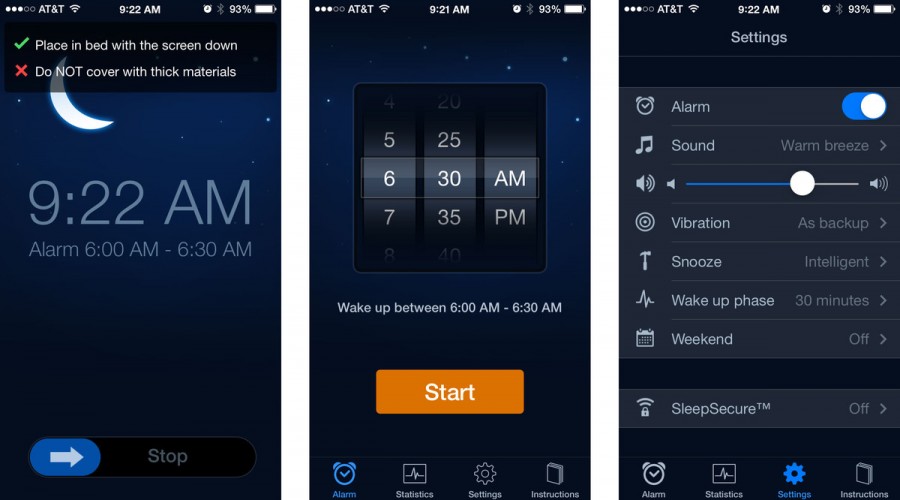 Sleep Cycle (app layout shown) is one of the most highly rated sleep apps. It has features that are free and more advanced ones that cost money. 