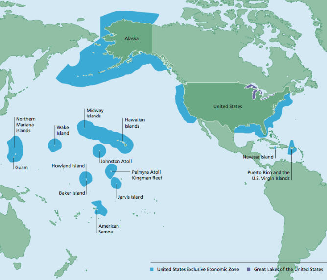 All territories, organized and unorganized, that the United States owns in the Caribbean Sea and the Pacific Ocean. 