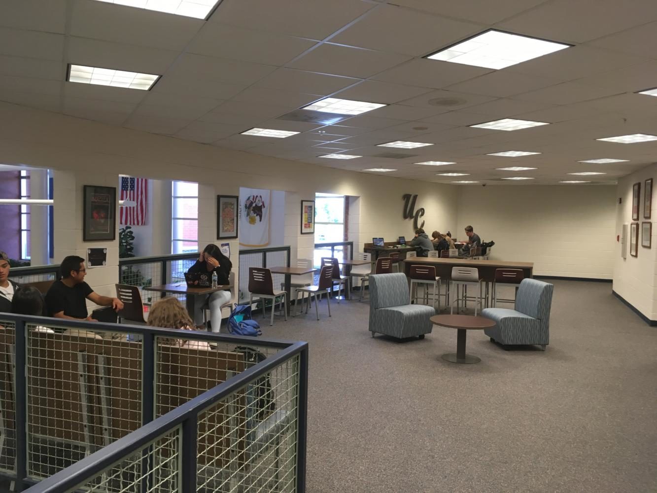 Students using the Upper Commons during a third period study hall.