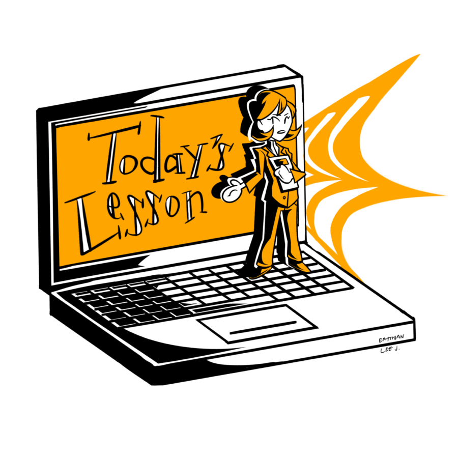 The illustration is of an opened laptop that says, Todays lesson with a pop-up teacher on it.