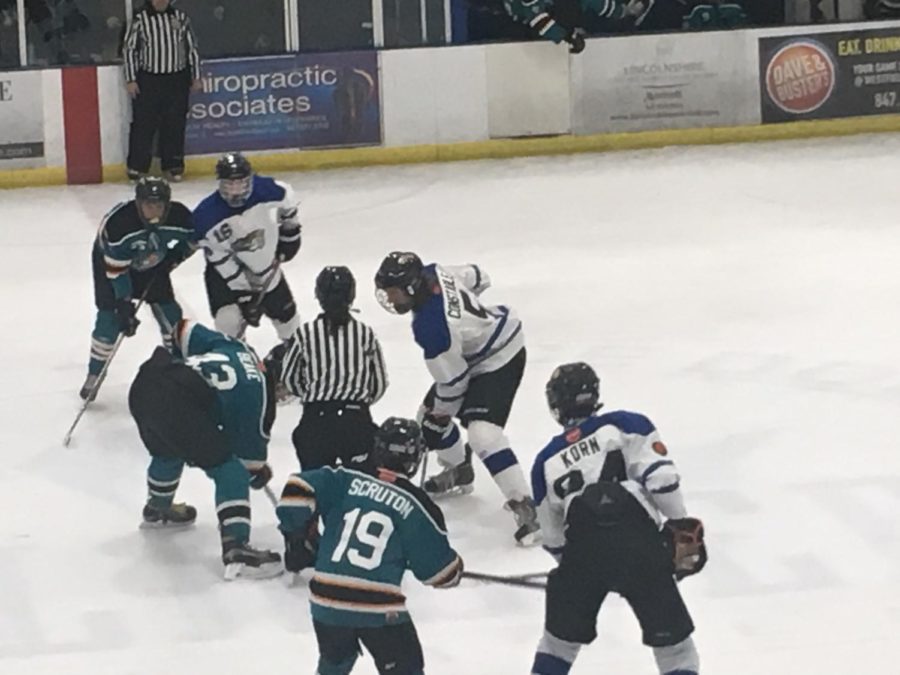 IceCats lineup for a faceoff during a January 27th game vs. the Lakers