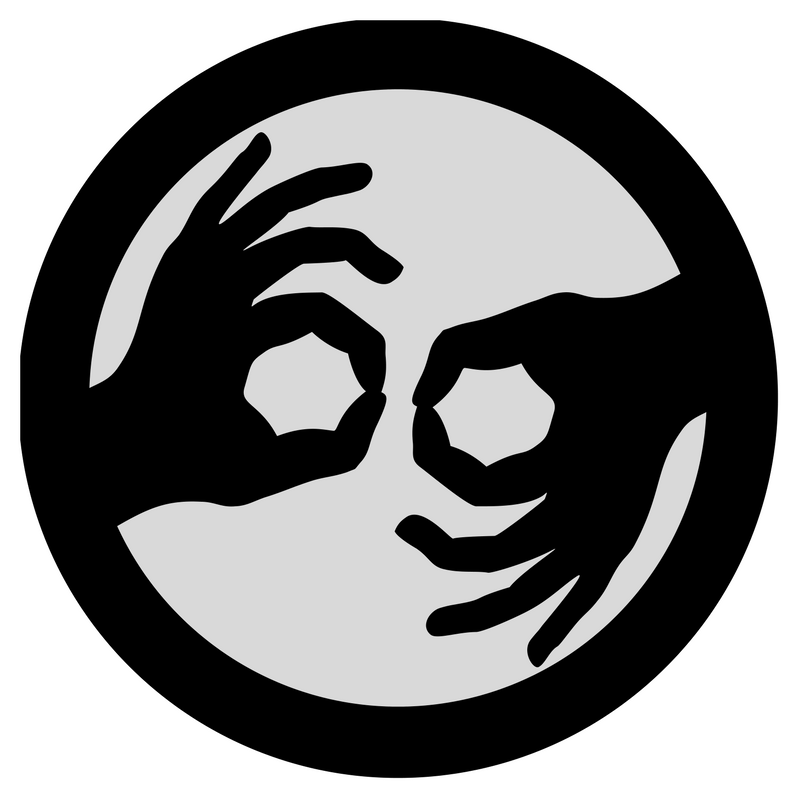 A black circle surrounds two hands that form signs, representing sign language.