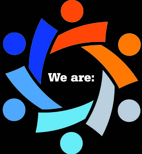 The image depicts a circle with different colors orange, blue, red, and grey) with the white words, we are in the center.