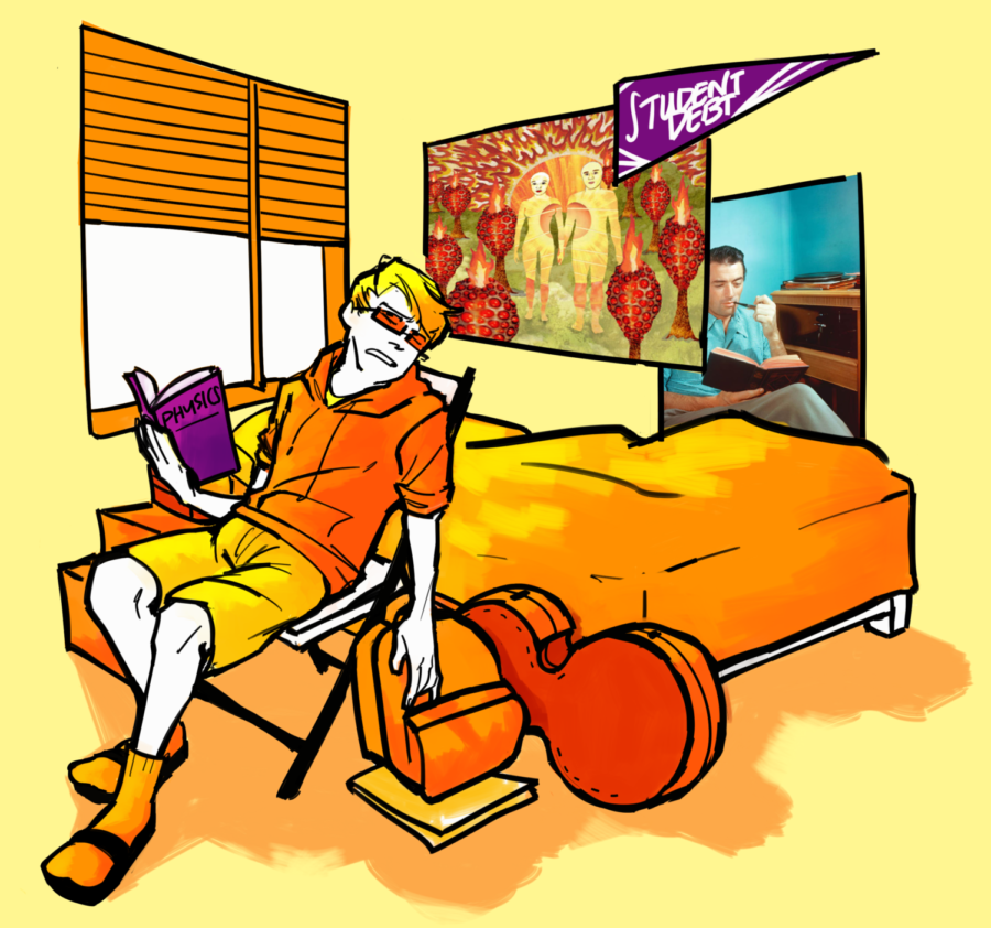 This illustration, created by Lee Judilla, shows a college student sitting in his dorm room, holding a book. The room is orange with art pieces on the wall and a banner that ironically says, Student Debt.