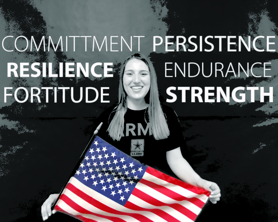 Morgan Renihan is featured in this image holding an American flag. Around her are the words commitment, resilience, fortitude, persistence, endurance, and strength.