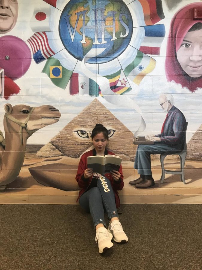 A girl sits reading a book in front of a mural depicting international flags.