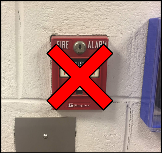 A red fire alarm is overlayed with a red X.