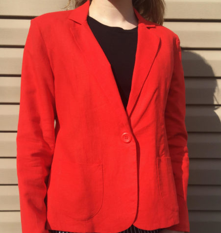 A red blazer with a black t-shirt underneath