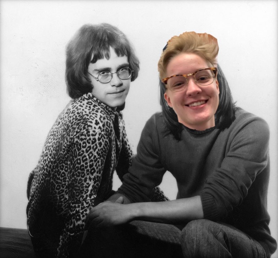 Kieren Bell with his face edited on to a picture of someone standing next to elton john