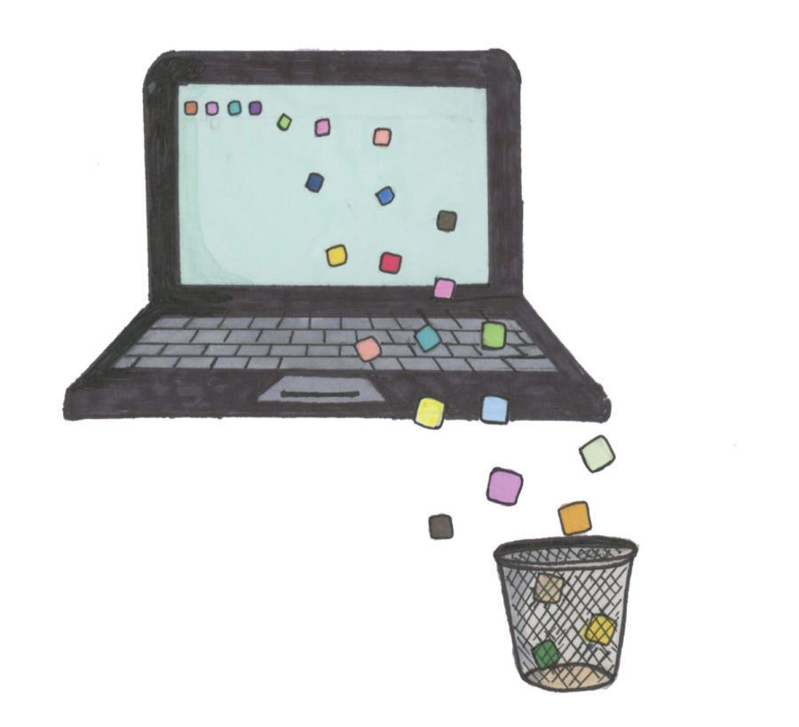 Illustration showing chrome extensions coming off of the laptop and into the trash can
