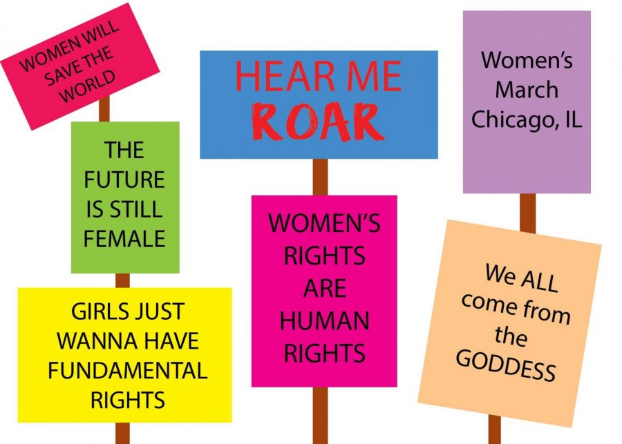 Drawn Billboards of various feminist slogans