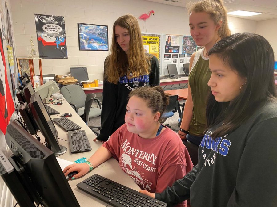 Image of girls looking at a computer screen.