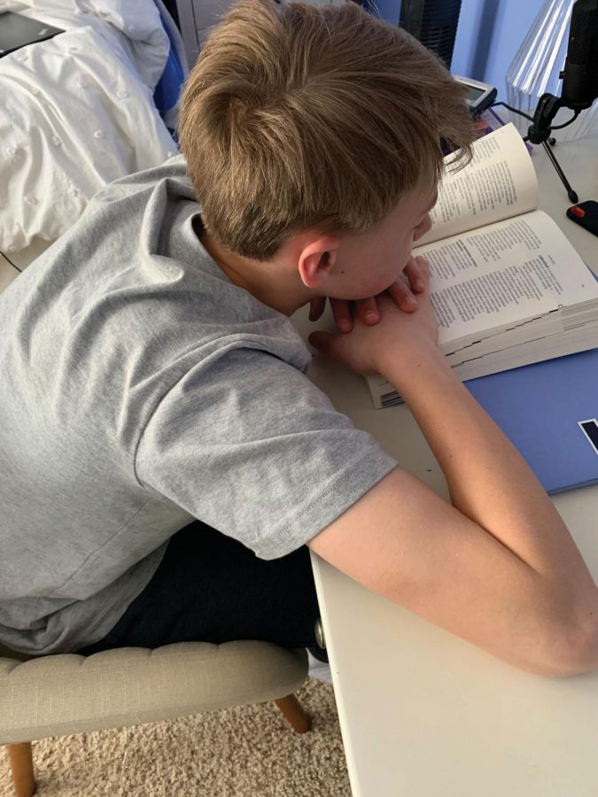 Freshman boy slumped over reading assignment in his bedroom