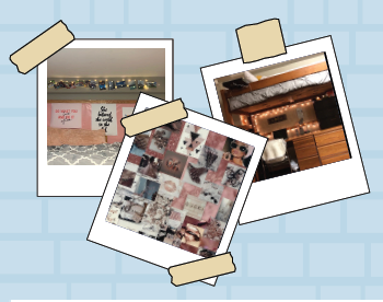 This is a collage of photos of dorm rooms.