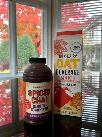 Pictured here is the Spiced Chai Black Tea Concentrate and Maple Oat Beverage from Trader Joes next to each other.