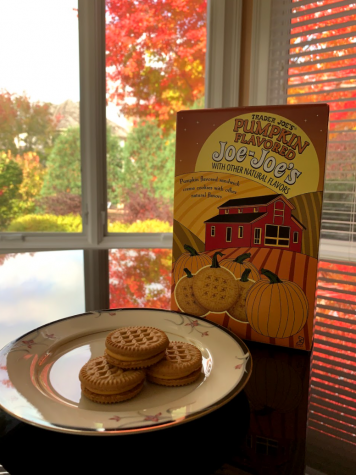 Pictured is a box of the Pumpkin Flavored Joe-Joe's from Trader Joe's and cookies on a plate.