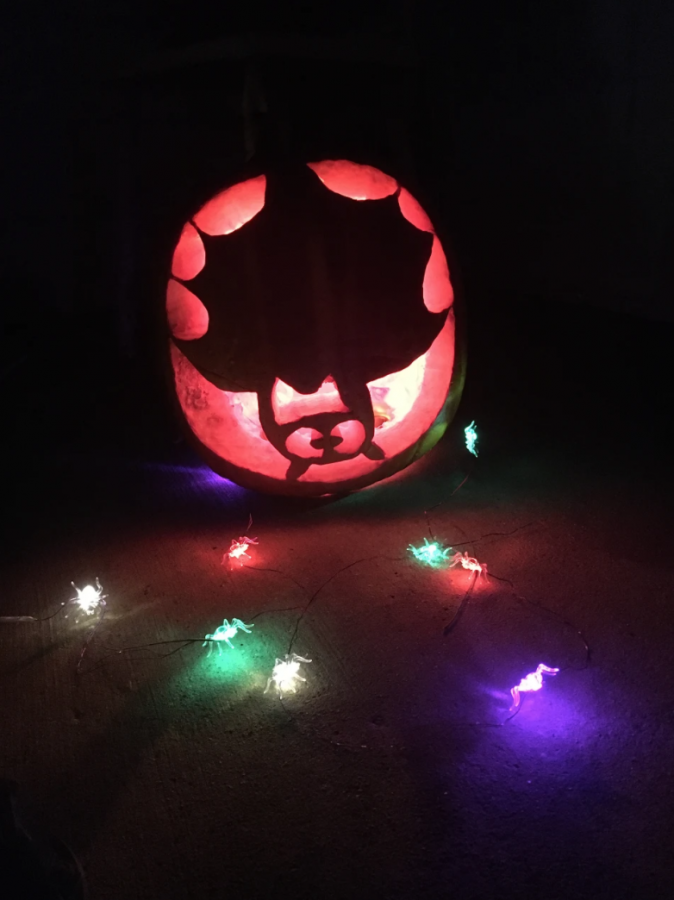 Pictured is a pumpkin with an upside bat carved onto it surrounded by lights.