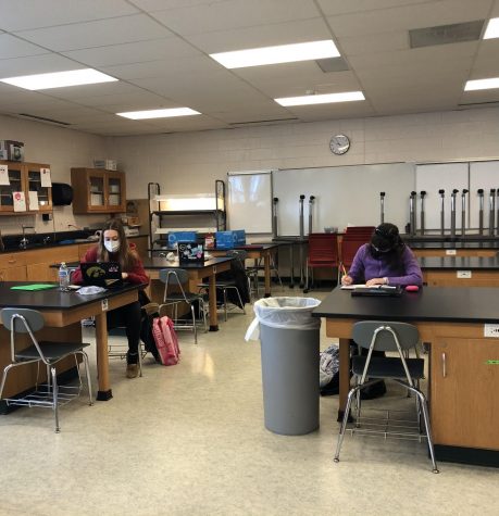 Mr. Wolf’s AP Biology class socially distances while they work on an assignment.
