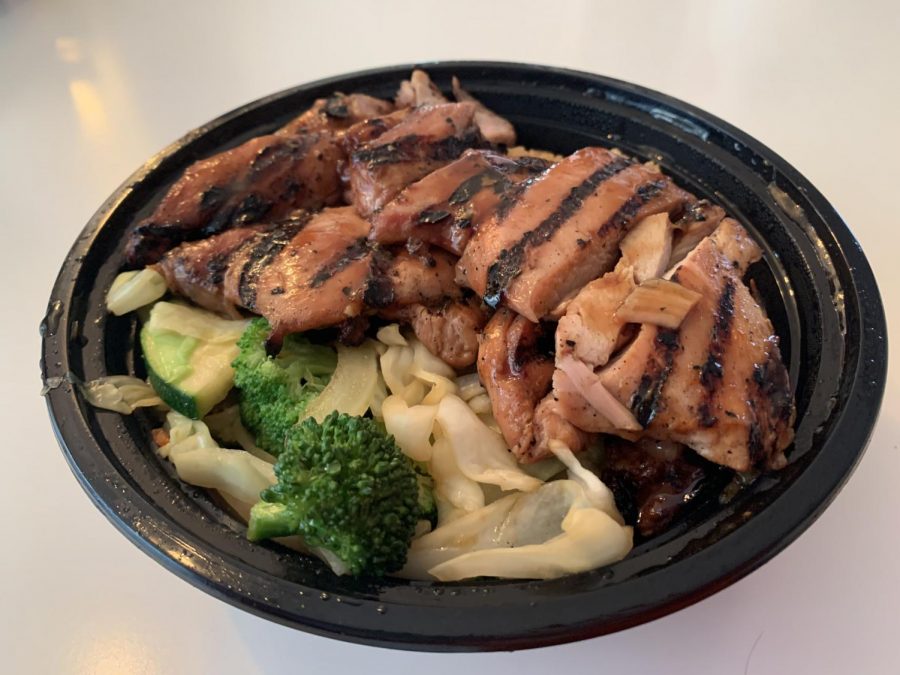 One of Teriyaki Madness bowls are shown here. It has glazed chicken and many vegetables.