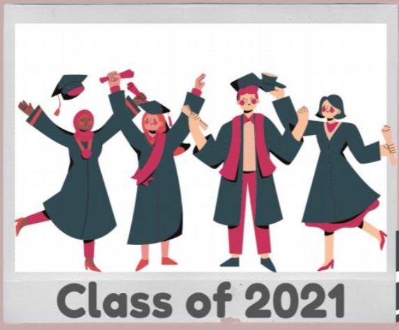 This illustration shows four students in graduation caps and gowns celebrating. Underneath them is the text Class of 2021.