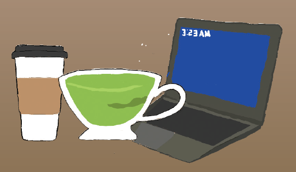 A drawing of a white coffee cup with a brown band around the center and a black top. A drawing of a white cup with green matcha in it. Both cups are beside a black and grey computer displaying a blue screen with white writing that says 3:23: AM.