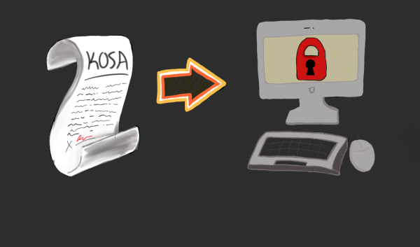 Illustration has a roll of paper that is labeled as the KOSA bill followed by an arrow that points to a computer which shows a lock screen.