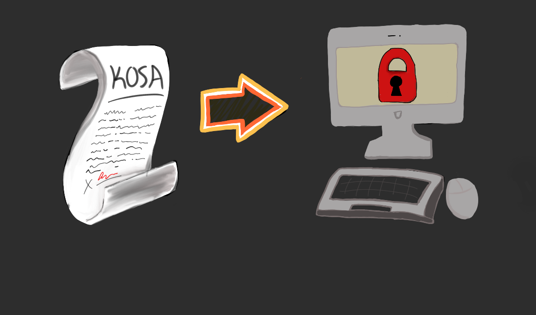 Illustration has a roll of paper that is labeled as the KOSA bill followed by an arrow that points to a computer which shows a lock screen.