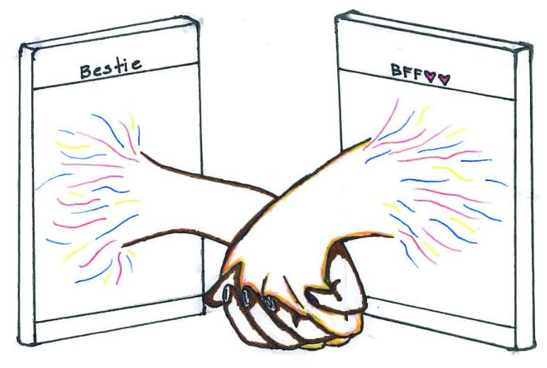this is a drawing of two phones holding hands, symbolizing friendships made on the internet