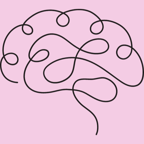 A drawing of a brain on a pink background.