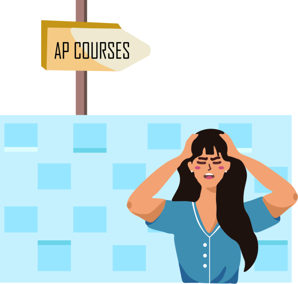 Drawing of a girl with hands on head with AP COURSES sign on top