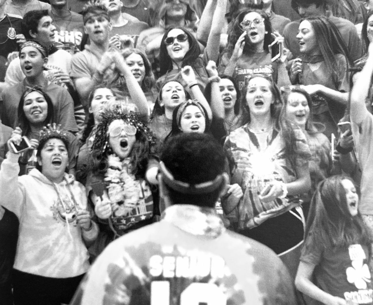 Students jumping up and down and signing along to the song during color competition.