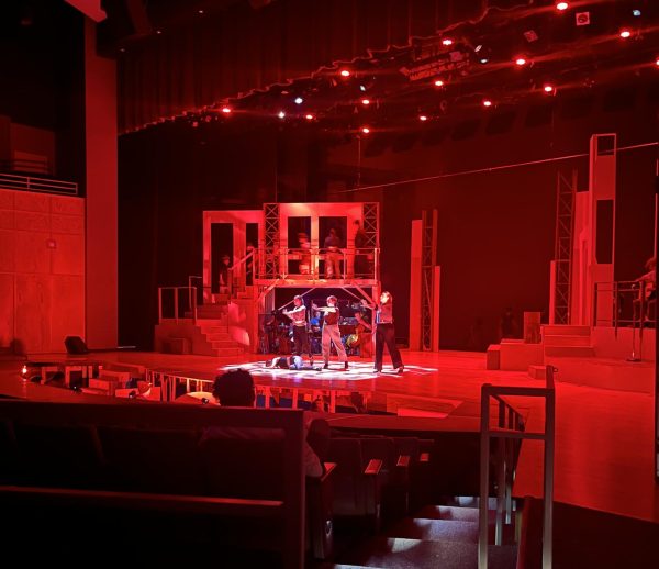 During rehearsal for opening night, the Fates pose.