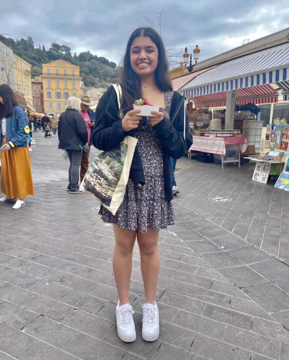 Reva holds fresh strawberries in a farmers market in Nice, France