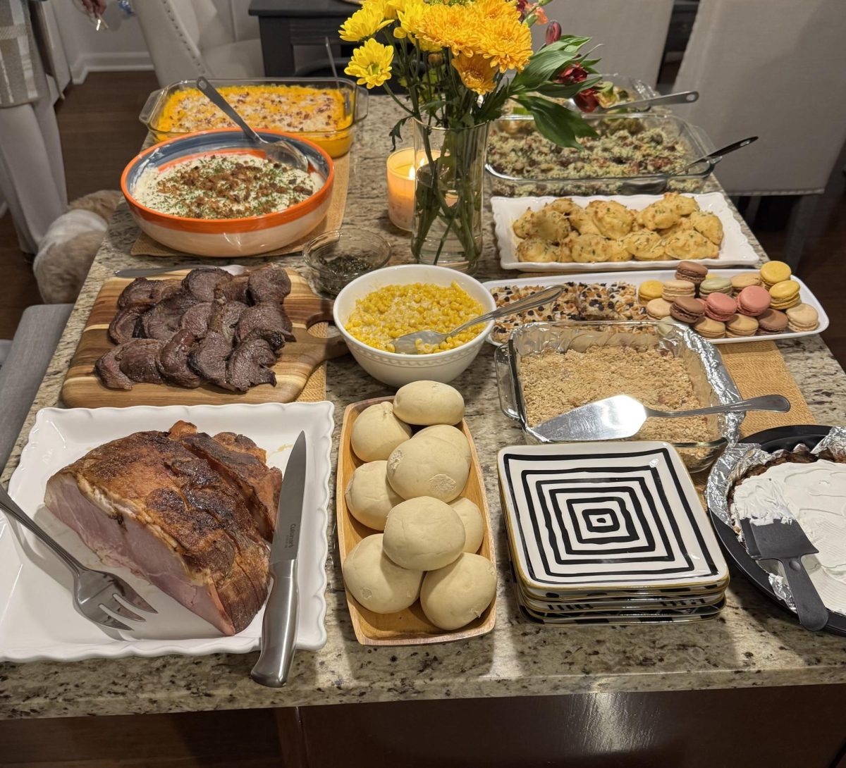 Siopao Asado (white bread in the front) and other dishes are served at Sancho’s Thanksgiving feast.