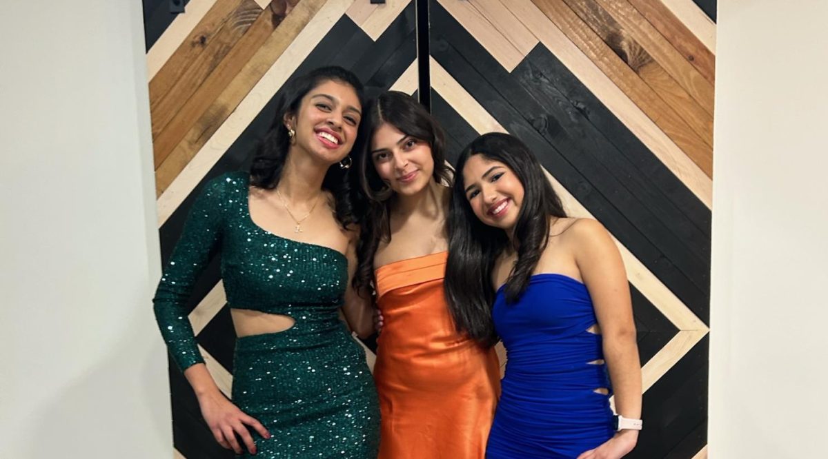 (From left to right) Aanya Gupta (12), Anvi Narula (12) and Dani Gomez (12) pose before the Winter Dance in 2024.