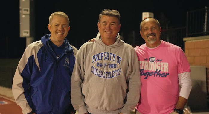 (From left to right) Joe O’Brien, assistant principal for curriculum and instruction, Brian McDonald, athletic director who’s also retiring and Jon Guillaume, principal, at a Oct. 4 varsity football game. 