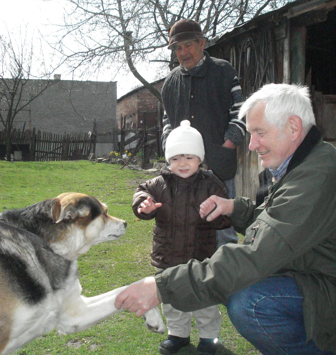Dziadzia (far right) with me (middle) and
my great-grandfather (upper middle) playing with Pikus, my family’s sheepdog.